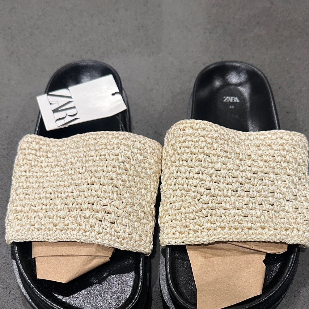 ZARA Black Slide Sandals with Cream Crochet Strap